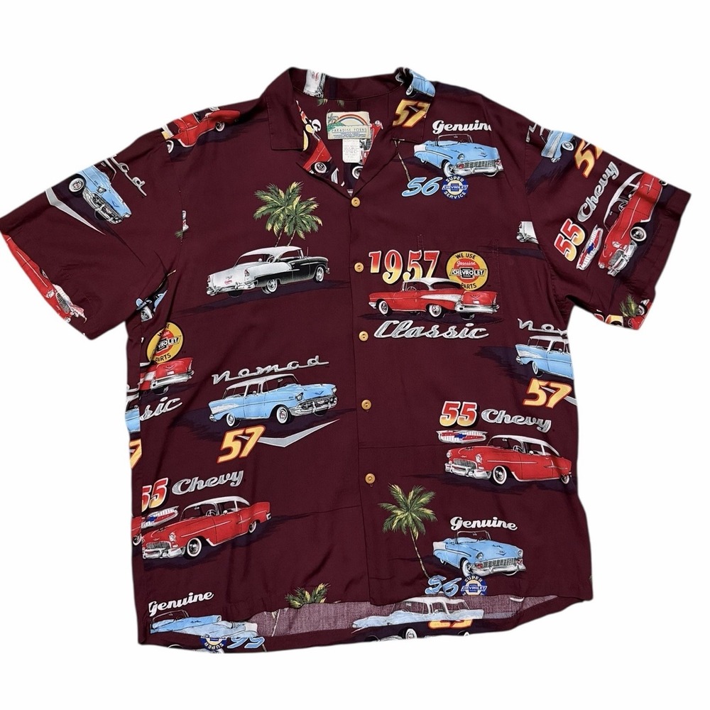 Vintage Paradise Found Chevy Nomad 50 GM Classics Button Up Hawaiian USA Made XL